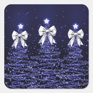 Sticker Carré Arbres scintillants de Noël Navy Faux Nœud Argenté