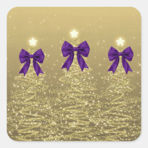 Sticker Carré Arbres scintillants de Noël or avec nœud faux viol
