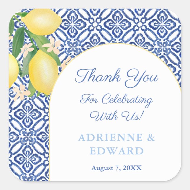 Sticker Carré Arc Cadre Capri Lemons Carreaux Bleus Mariage Favo (Devant)
