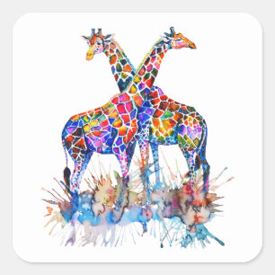 Sticker Carré Arc-en-ciel coloré Aquarelle Giraffes