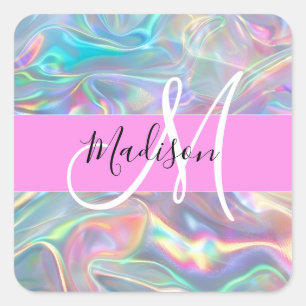 Sticker Carré Arc-en-ciel girly holographique iridescent monogra