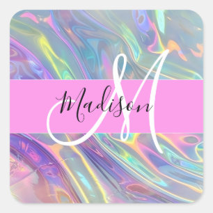 Sticker Carré Arc-en-ciel girly holographique monogramme iridesc