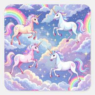 Sticker Carré Arc-en-ciel scintillant et licornes sur des nuages