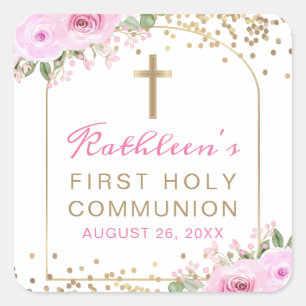 Sticker Carré Arc rose or Floral Première Communion sainte