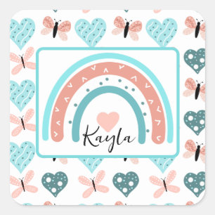 Sticker Carré Arcs-en-ciel rose et Turquoise, papillons et coeur