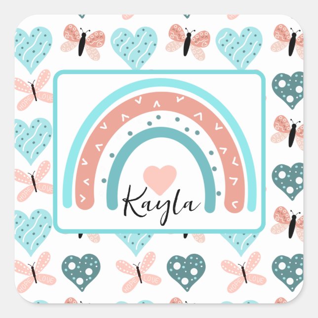 Sticker Carré Arcs-en-ciel rose et Turquoise, papillons et coeur (Devant)