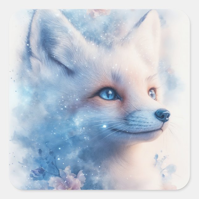 Sticker Carré Arctic Fox with Blue Eyes in Galaxy Nebula (Devant)
