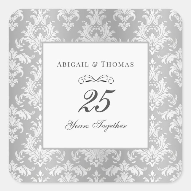 Sticker Carré Argent Damask 25e anniversaire Mariage (Devant)