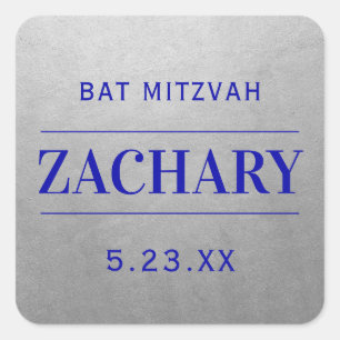 Sticker Carré Argent moderne et bleu Mitzvah Anniversaire Nom Fa