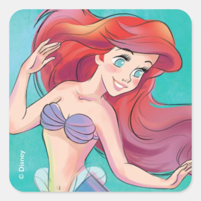 Sticker Carré Ariel | La Petite Sirène | Aquarelle Anniversaire (Devant)