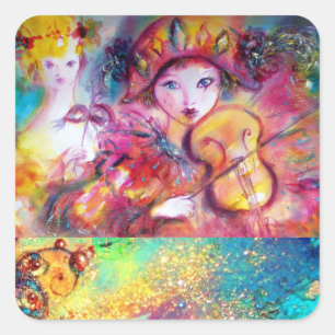Sticker Carré ARLECCHINO ET COLOMBINA, Rose Fuchsia Jaune Bleu