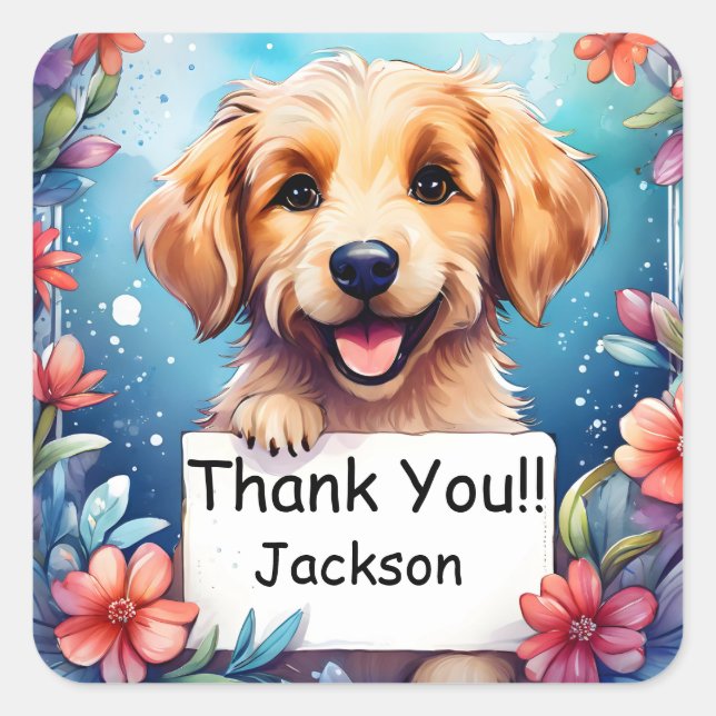 Sticker Carré Arrière - plan chien mignon avec Merci (Devant)