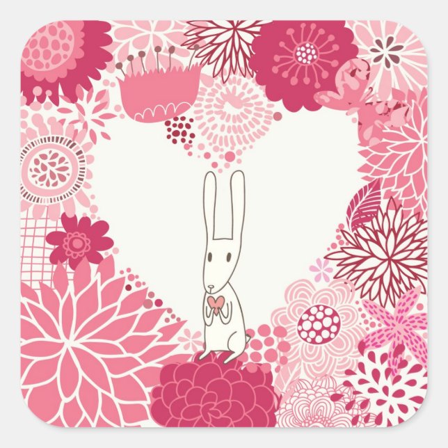 Sticker Carré Arrière - plan floral romantique avec lapin mignon (Devant)