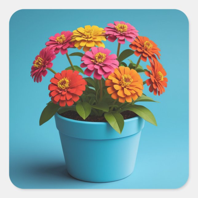 Sticker Carré Art Botanique Floral Vibrant, Fleurs Zinnia (Devant)