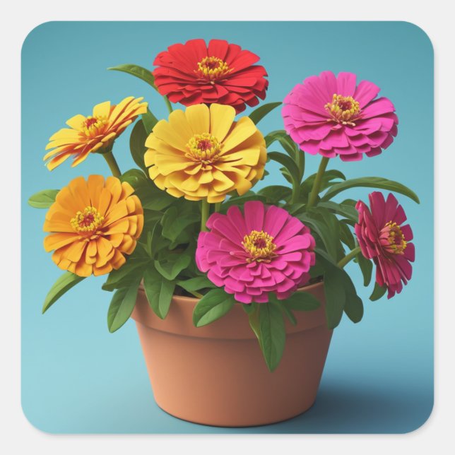 Sticker Carré Art Botanique Floral Vibrant, Fleurs Zinnia (Devant)