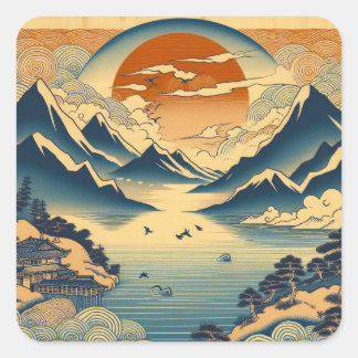 Sticker Carré Art de bloc de bois japonais de montagne de couche