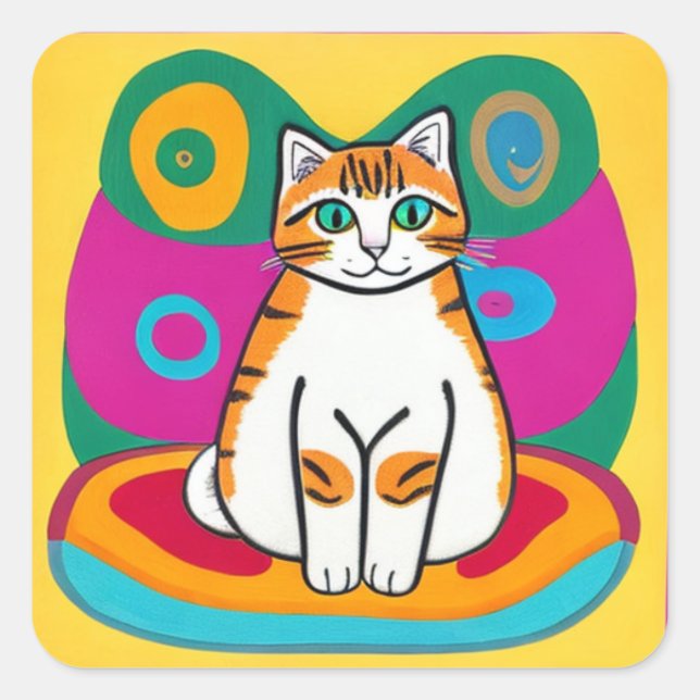 Sticker Carré Art de chat blanc et oranger (Devant)