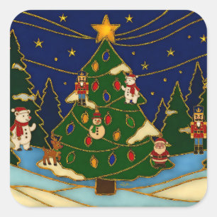 Sticker Carré Art de cloisonné Forêt fantaisiste Noël classique