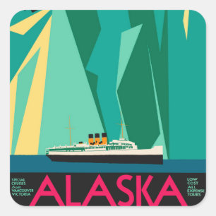 Sticker Carré Art de l'affiche de voyage vintage de l'Alaska, gl