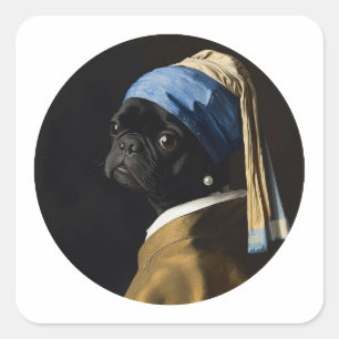 Sticker Carré Art de pug noir inspiré du portrait de perle class