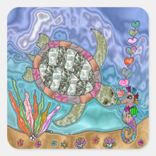 Sticker Carré Art de tortue marine hippocampe psychédélique