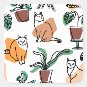 Sticker Carré Art de trait dessin chats et fleurs