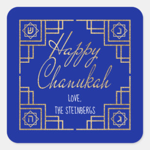 Sticker Carré Art Déco Chanukkah Design bleu et or