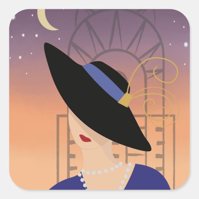 Sticker Carré Art Déco des années 1930 Femme en Casquette avec C (Devant)