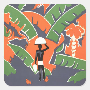 Sticker Carré Art Déco vintage de voyage, indigène dans la jungl