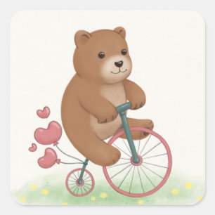 Sticker Carré Art d'illustration de l'ours mignon et du vélo à g