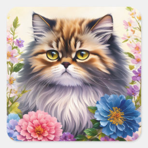 Sticker Carré Art Floral de Chat Perse