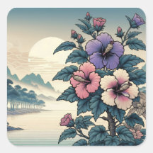 Art floral japonais vintage carré à l'hibiscus