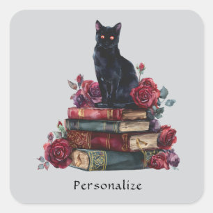 Sticker Carré Art gothique Chat noir Antique Livres Crimson Rose