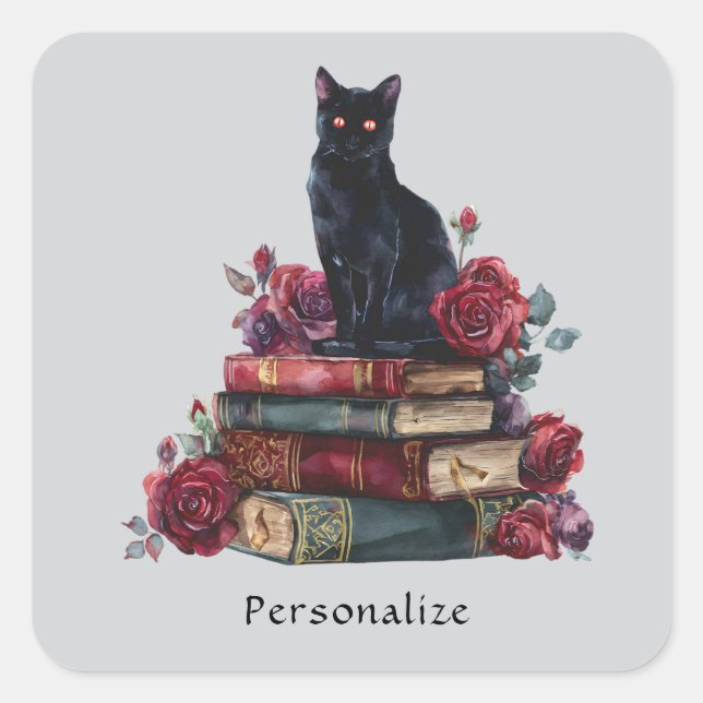 Sticker Carré Art gothique Chat noir Antique Livres Crimson Rose (Devant)