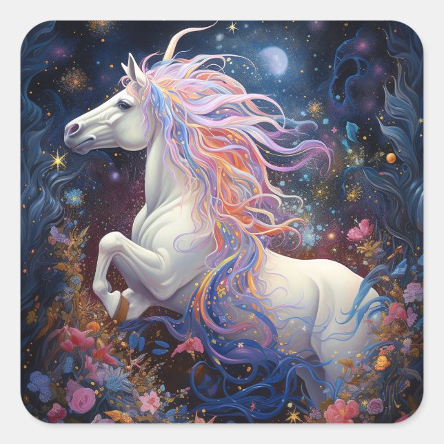 Sticker Carré Art Imaginaire de Cheval Blanc Magique (Devant)