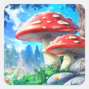 Sticker Carré Art Imaginaire de la forêt de champignons