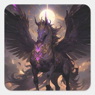 Sticker Carré Art Imaginaire noir violet Unicorne