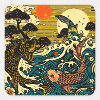 Sticker Carré Art japonais en xylographie représentant deux carp