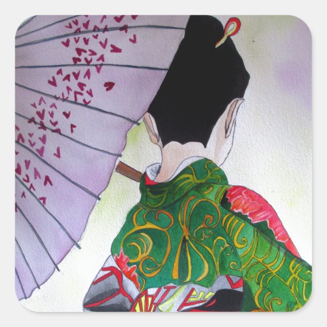 Sticker Carré Art japonais Geisha avec kimono et parapluie (Devant)