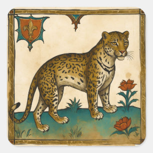 Sticker Carré Art médiéval du léopard aux fleurs rouges