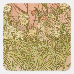 Sticker Carré Art Nouveau Alphonse Mucha Fleurs de carnation flo