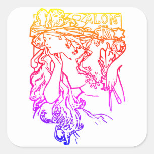 Sticker Carré Art nouveau Alphonse Mucha salon femme coloré