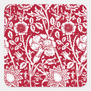 Sticker Carré Art Nouveau Carnation Damask, rouge et blanc