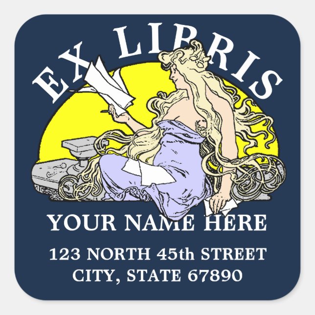 Sticker Carré Art Nouveau Femme Lecture Mucha Ex Libris Modèle (Devant)
