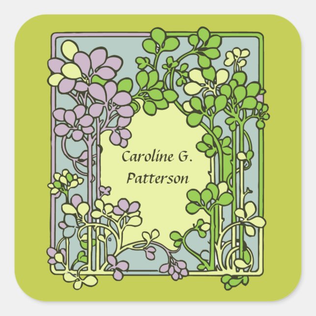 Sticker Carré Art Nouveau Floral Ex-Libris (Devant)