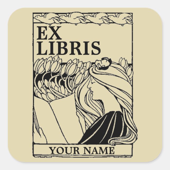 Sticker Carré Art Nouveau Oiseaux & Fille Lecture Livre Ex Libri (Devant)