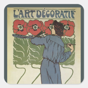 Sticker Carré Art Nouveau vintage, Artiste Peignant des Pavots