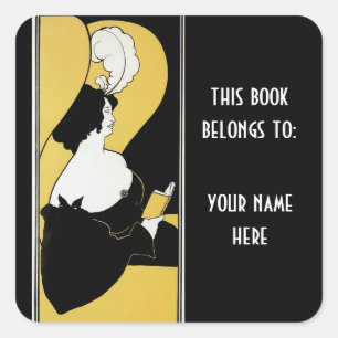 Sticker Carré Art Nouveau vintage, ex-libris de femme lisant un