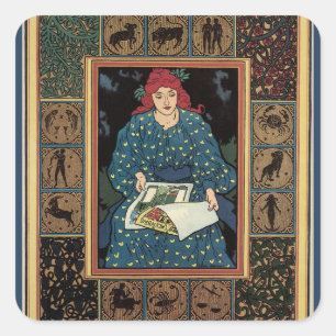 Sticker Carré Art Nouveau vintage, femme lisant un livre d'astro