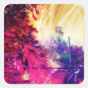 Sticker Carré Art numérique coloré Amish Horse et Buggy Trippy